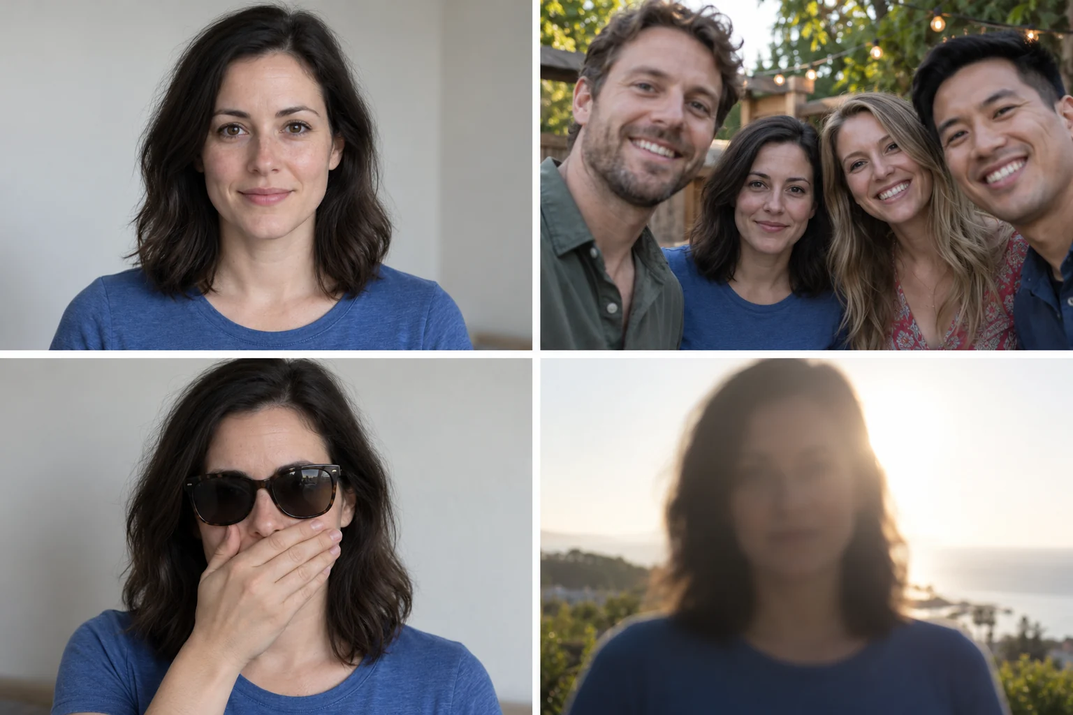 Four photo examples: a clear single-person portrait, a crowded four-person photo, a face hidden by sunglasses and a hand, and a blurry backlit portrait.