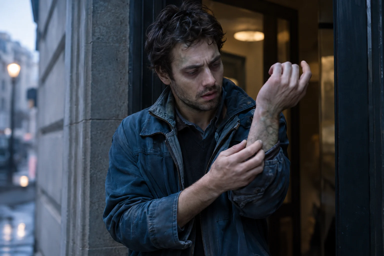 A man in a blue jacket examines a mottled wrist in a recessed city doorway.