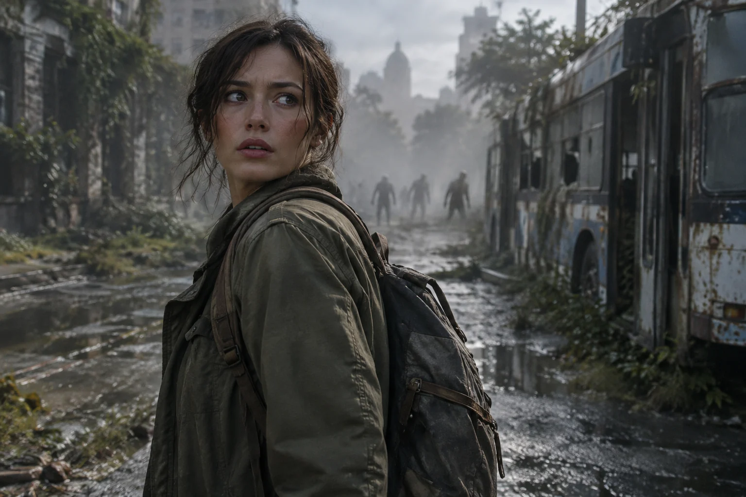A woman with a backpack looks back along a deserted street as distant figures emerge through fog.