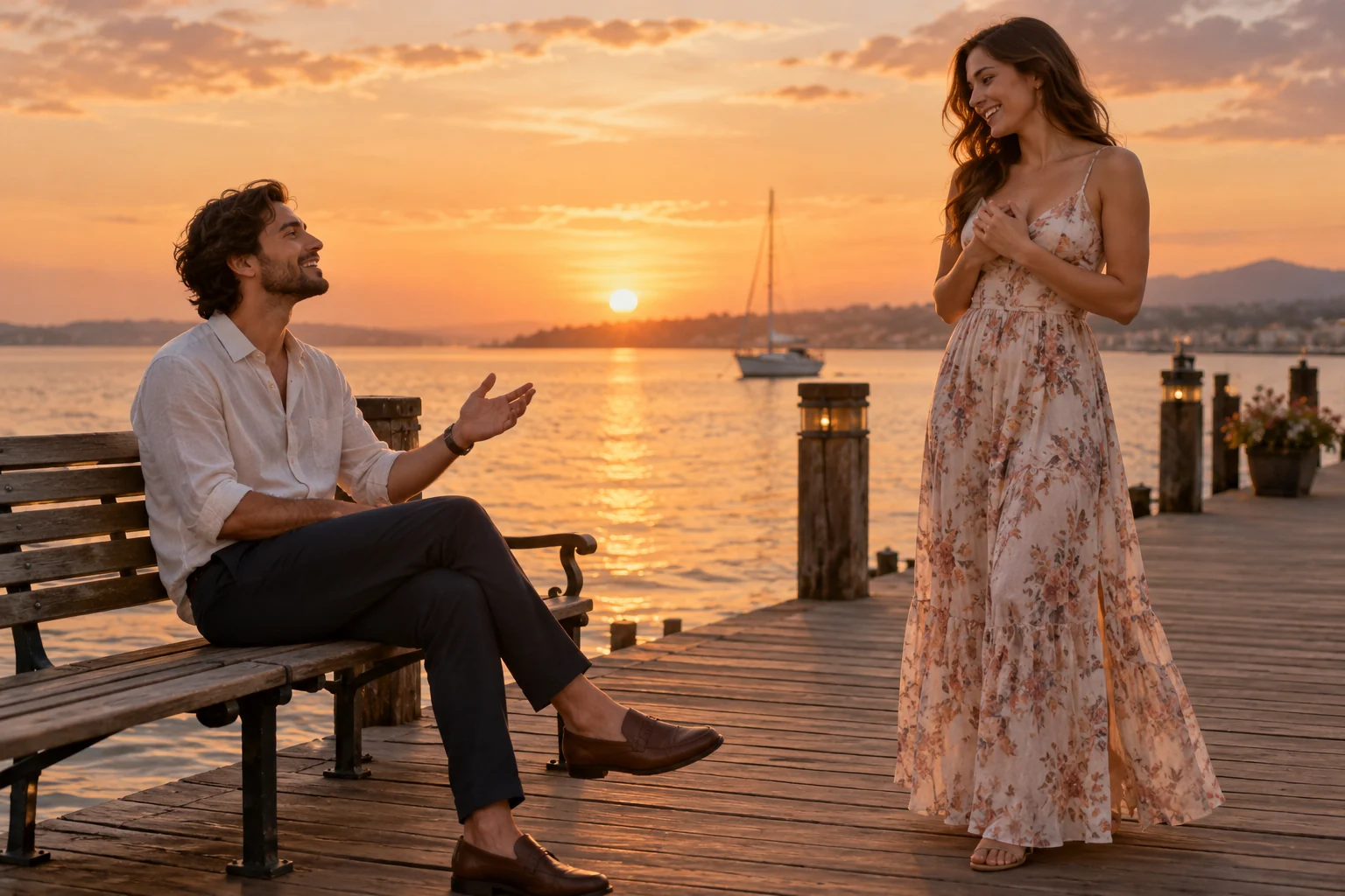A man waits on a pier bench as a woman stands beside him in golden-hour light.