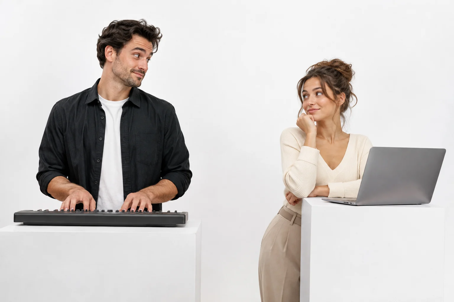 Two adults in a white studio with a keyboard on the left and a laptop on the right.