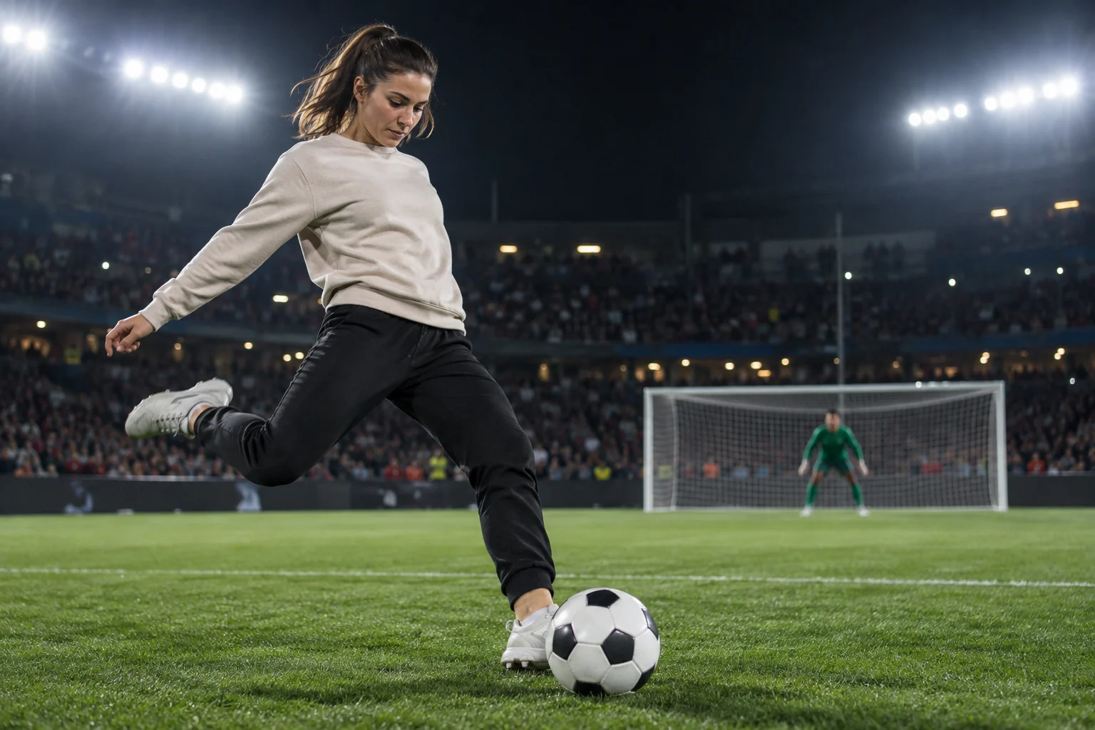 A woman in everyday clothes strikes a football on a floodlit pitch.