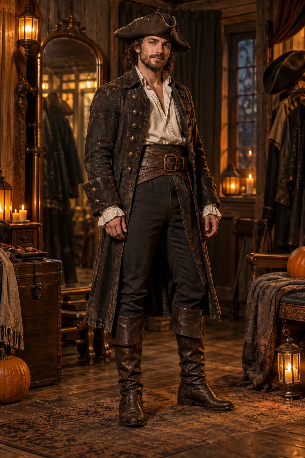 An adult man wears a pirate coat and tricorn in a warmly lit dressing space, with empty hands.
