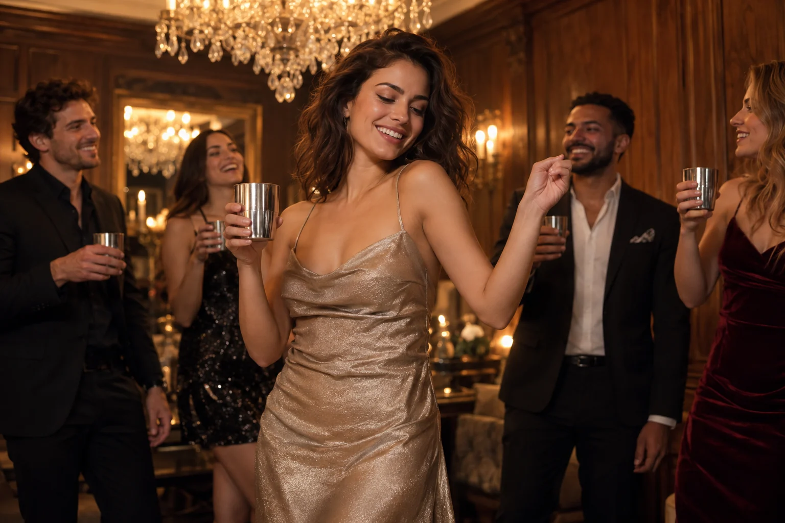 A woman raises a silver cup at a small chandelier-lit party.