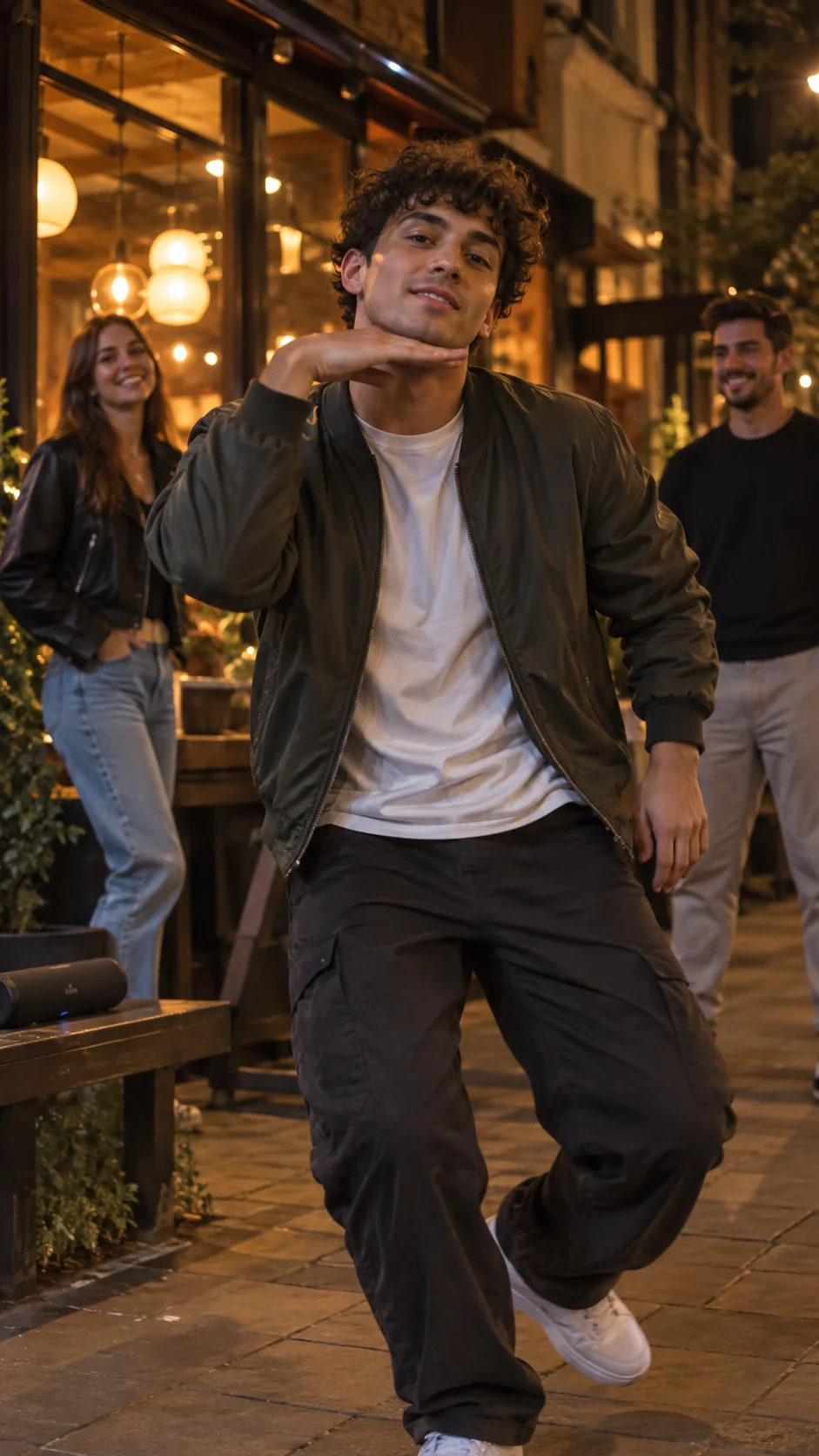 An adult performer makes a relaxed shoulder-bounce gesture outside a warmly lit restaurant with a speaker nearby.