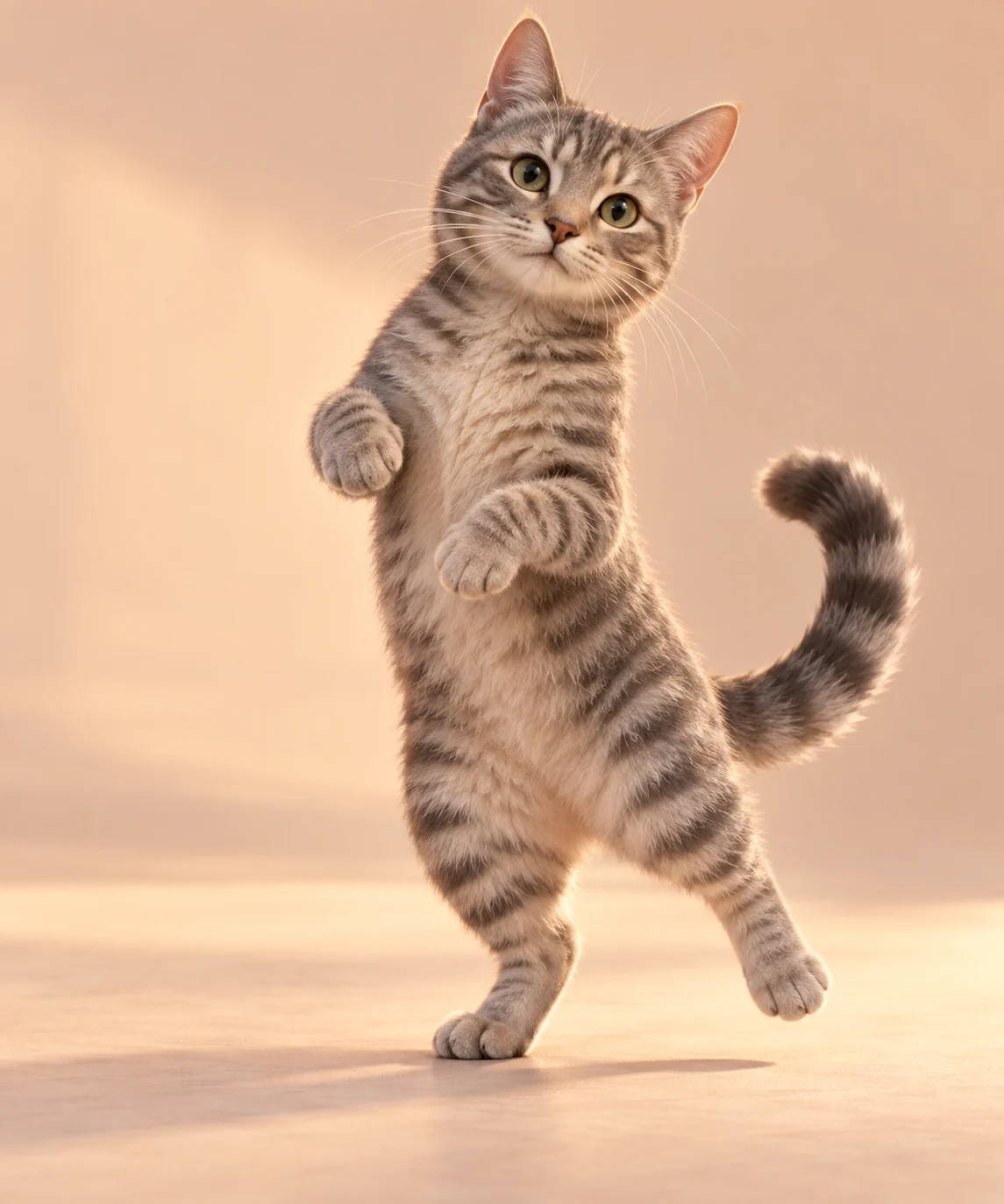 A striped grey 3D cat takes a playful side-step with its tail curved for balance.