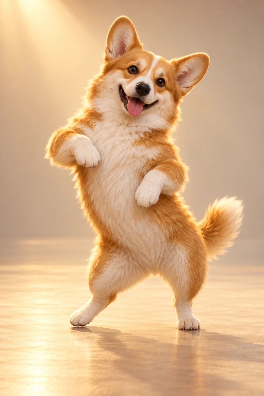 A golden-and-white 3D corgi dances on a warm studio floor.