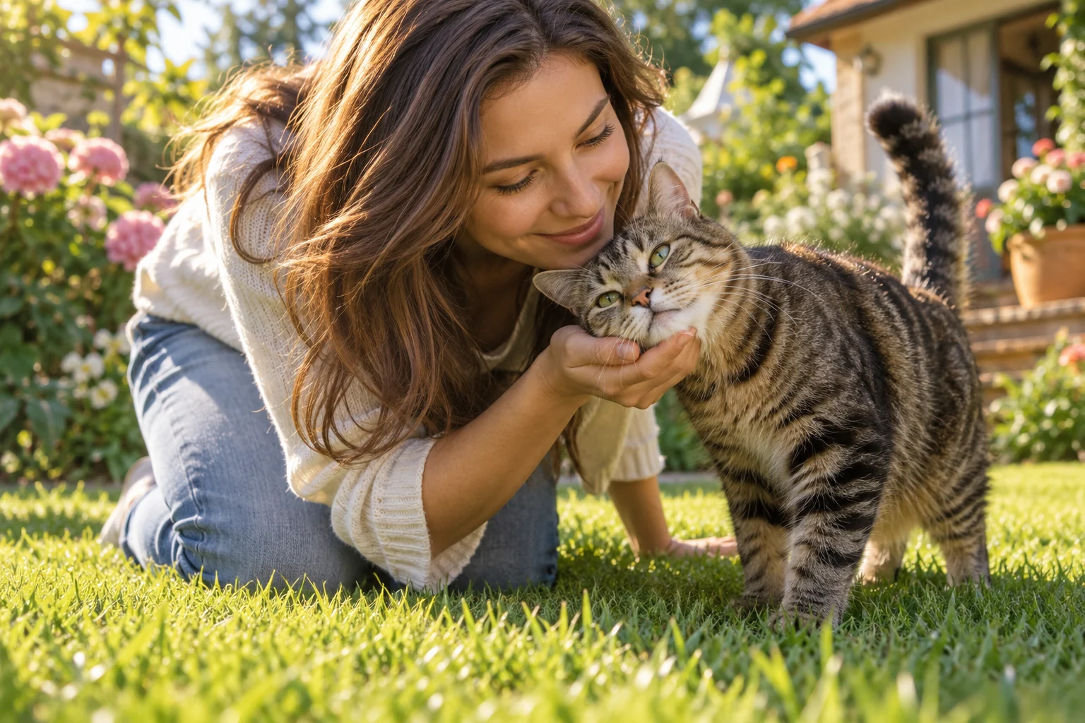 A healthy tabby cat presses its cheek into the palm of an adult owner on a sunlit lawn.