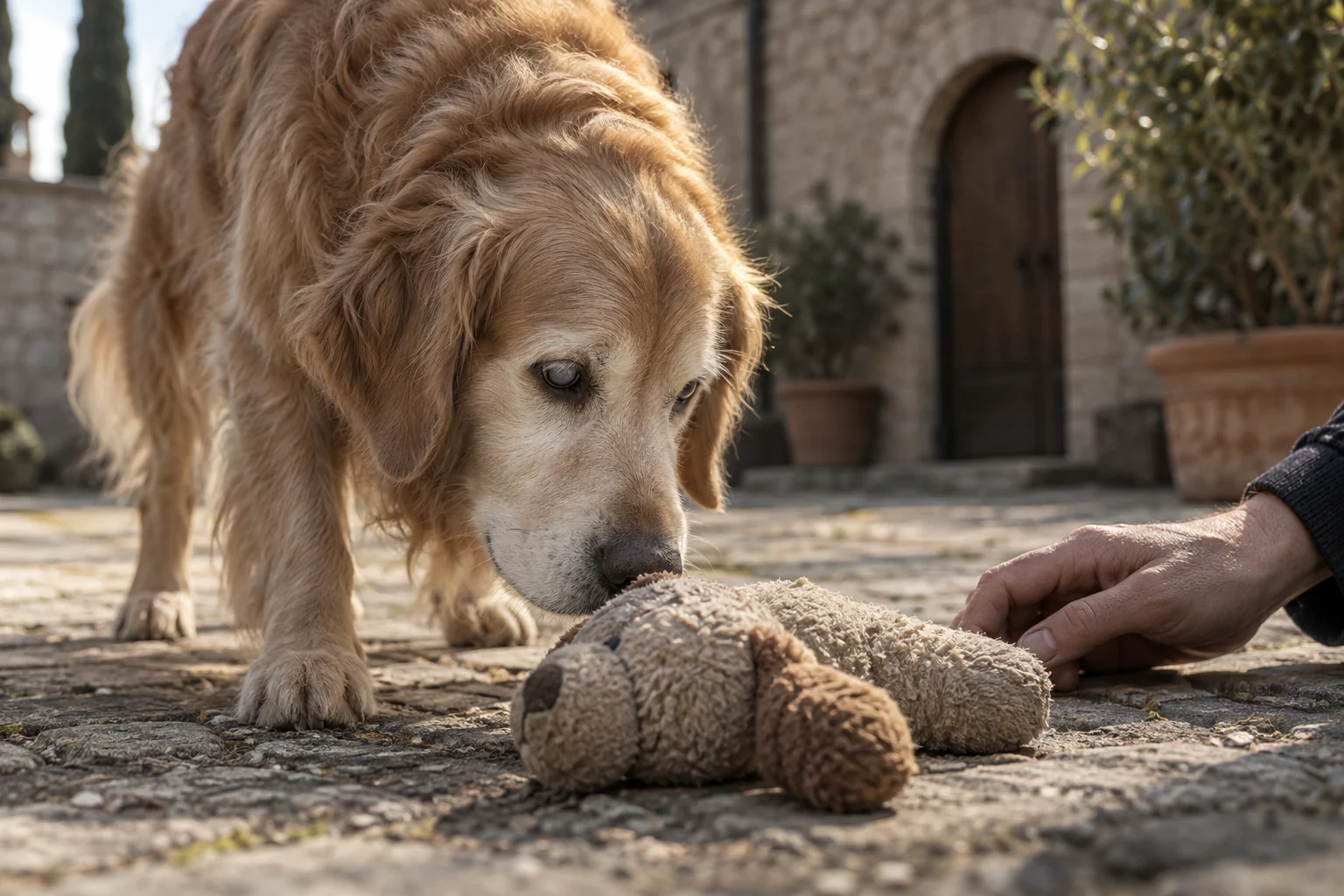 A dusty golden retriever with softly cloudy eyes sniffs a plush toy beside an adult hand in a courtyard.