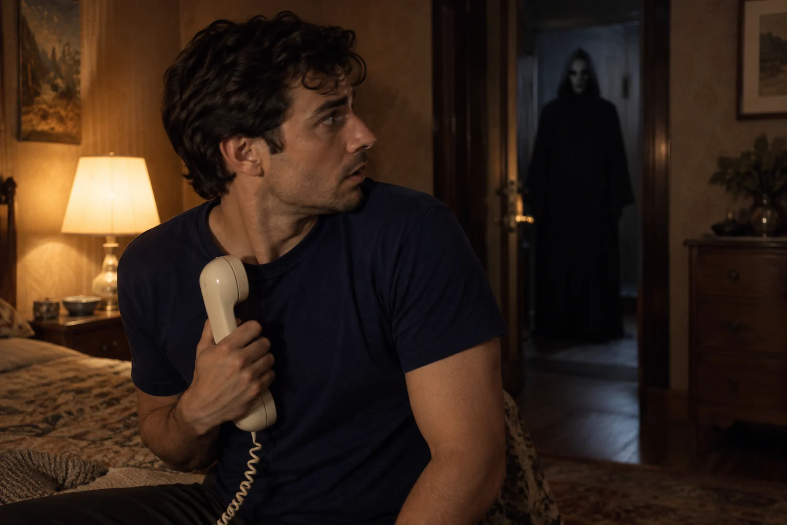 A man holds a corded phone with a masked figure in the distant doorway.