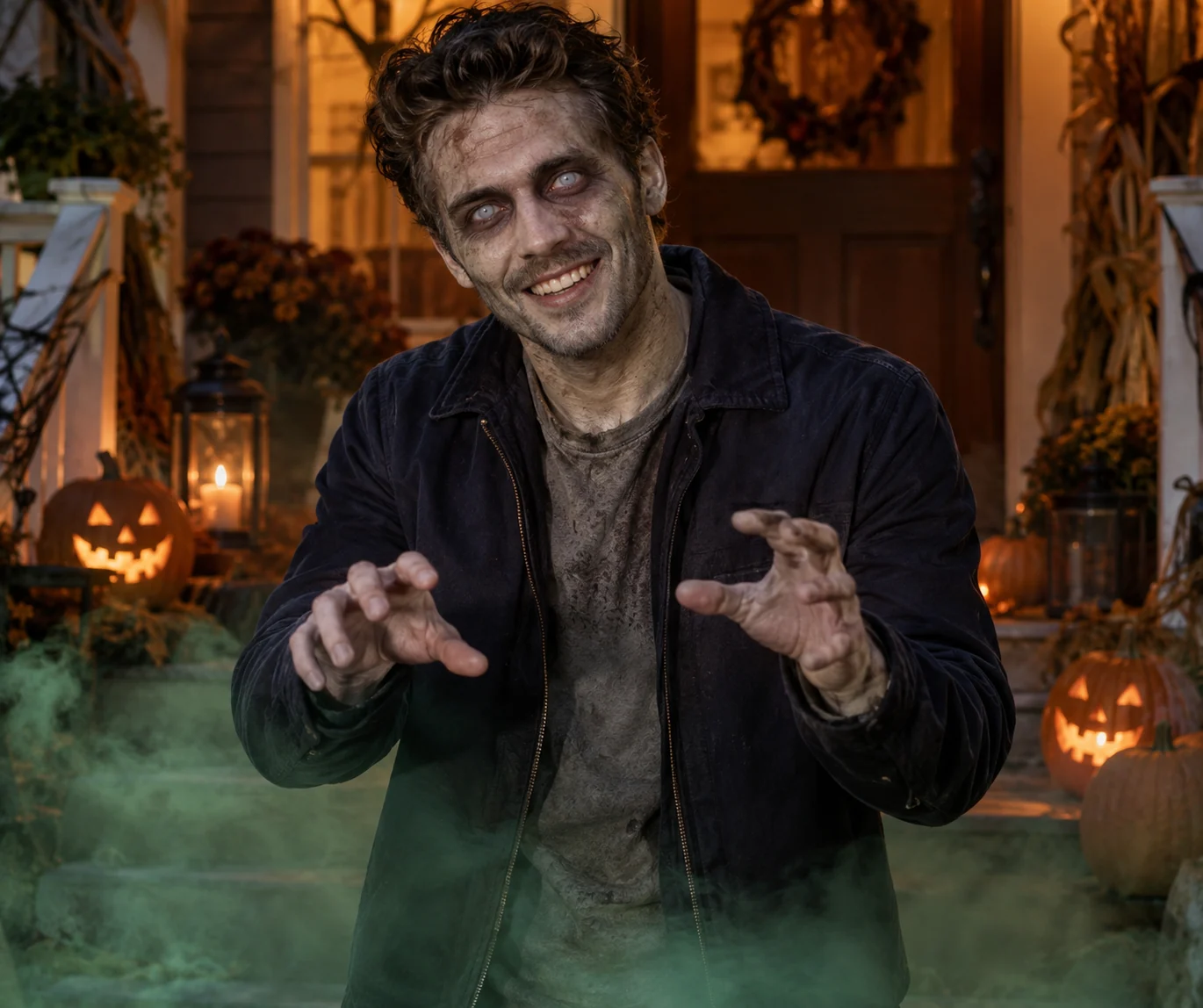 A smiling man in zombie makeup among pumpkin lanterns and green stage fog.