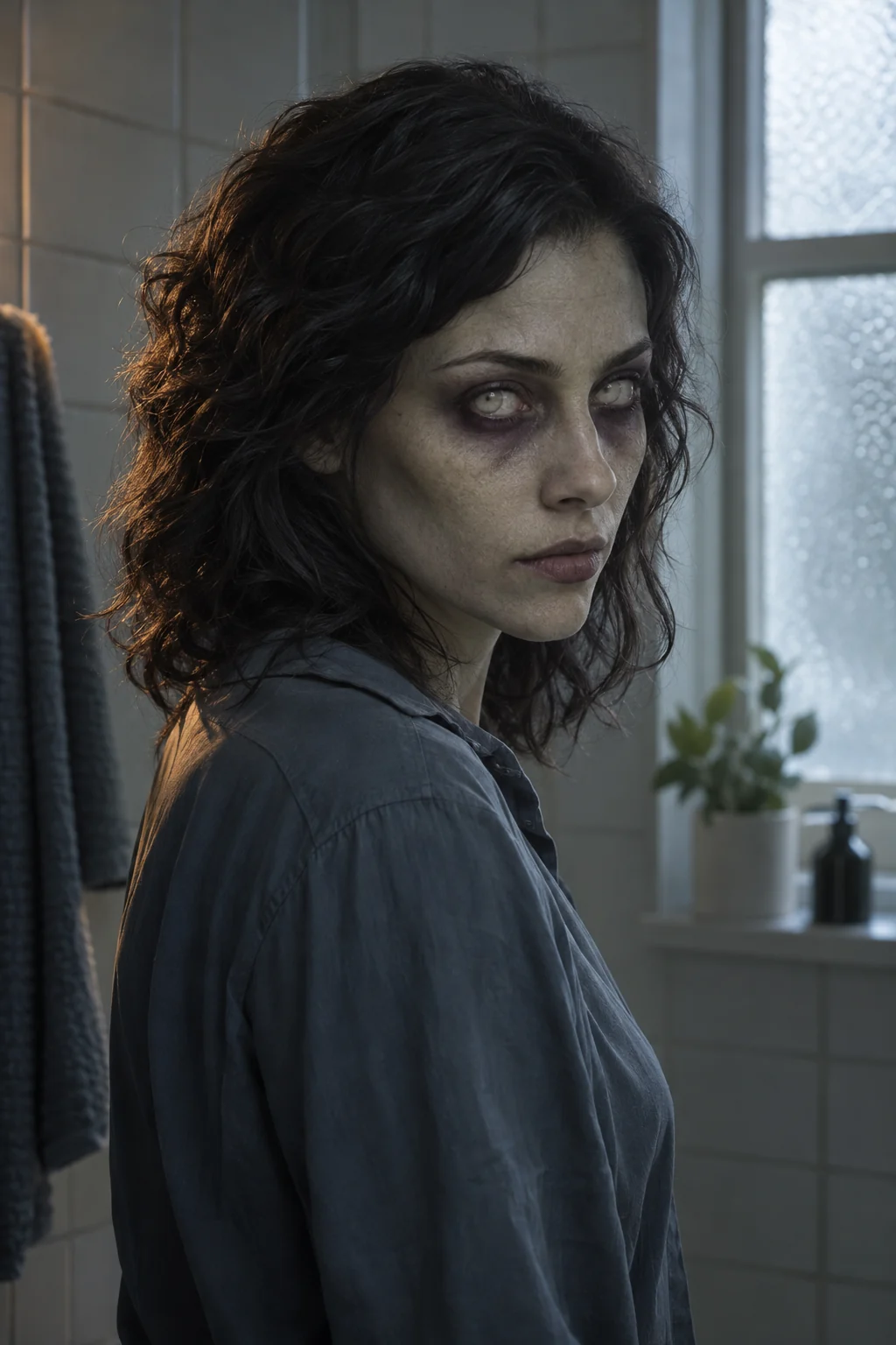 A dark-haired woman in olive-grey zombie makeup beside a cool washroom window.