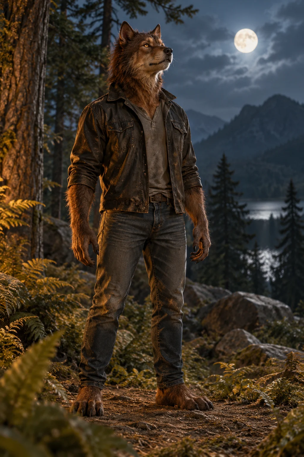 An upright auburn werewolf in a jacket and jeans stands among woodland ferns.