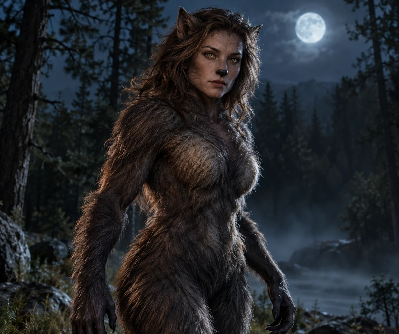 An amber-eyed, chestnut-furred werewolf woman in a moonlit pine forest.